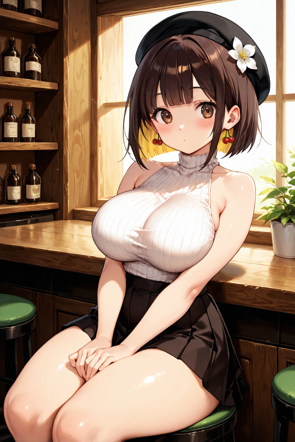 (from above:1.0),(from side:0.9),masterpiece, 1girl, Amazing Cleavage:1.1, thin waist, big ass, Raised sexy, small breast: 1.3, posed cleavage:1.2、solo, looking at viewer, open mouth, have a cute grass of cute beergrass,black hair, dark green eyes, dress, bare shoulders, jewelry, collarbone, sidelocks, hairband, earrings, indoors, off shoulder, :o, sweater, arms behind back, plant, short hair with long locks, gild hairband, off-shoulder dress, sweater dress, off-shoulder sweater, red sweater, dark gord hair, big side hair, very long side hair,is rendered in (masterpiece: 1.2, best quality), with (ultra high resolution) and an exquisite (depth of field). This masterpiece is not only visually stunning but also tells,A scene of cooking in the kitchen by classroom