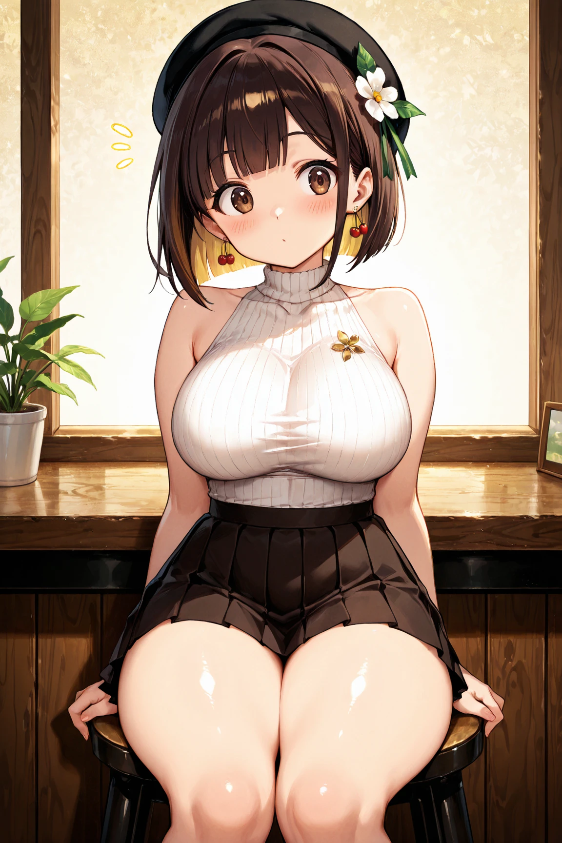 Anime illustration、highest quality、cyber punk、Fantasy、Alice in Wonderland、A plump bunny girl with dark brown skin、Bunny ears、Forest Tea Ceremony、Big Breasts、Thick legs、Beautiful, shining eyes、smile、Noise Reduction