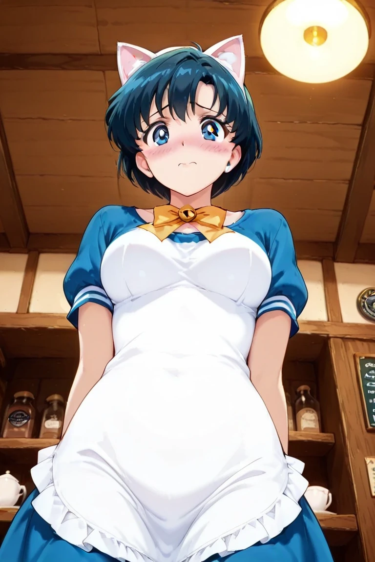 score_9, score_8_up, score_7_up, source_anime, 1girl, (Fuwa Kokone, blue hair, medium hair, green eyes), smile, micro bikini bra, white brim, micro maid waist apron, cuffs, collar, blue bow, zettai ryouiki thighhighs, looking at viewer, sagging huge breast, erect nipples, (dark large areola:0.8), (skinny), (short stack:0.5), milf, futa, flaccid foreskin penis, cum burst, natural (black:1.2) armpit hair, Unshaven black Pubic Hair, nsfw, standing, Serving cum milk with tray, cafe