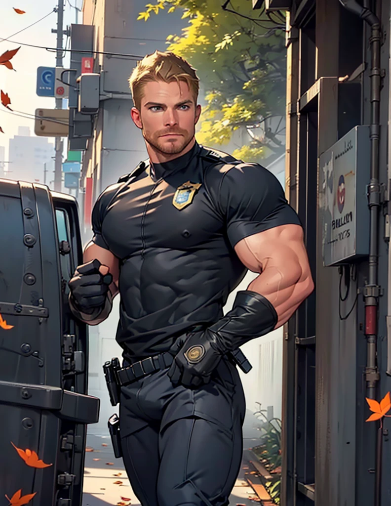 32k, high quality , detailed face , detailed hands , detailed muscles , stephen amell standing and posing in a gym hall  ,standing with spread legs, showing his muscles, background brick wall with star movies posters