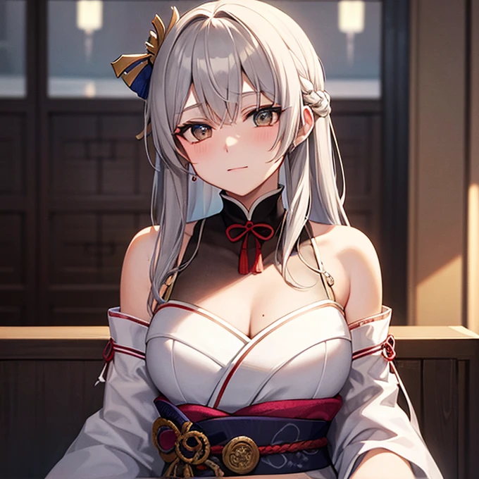 Samurai girl with sword wearing a sexy kimono in the background of a Japanese castle