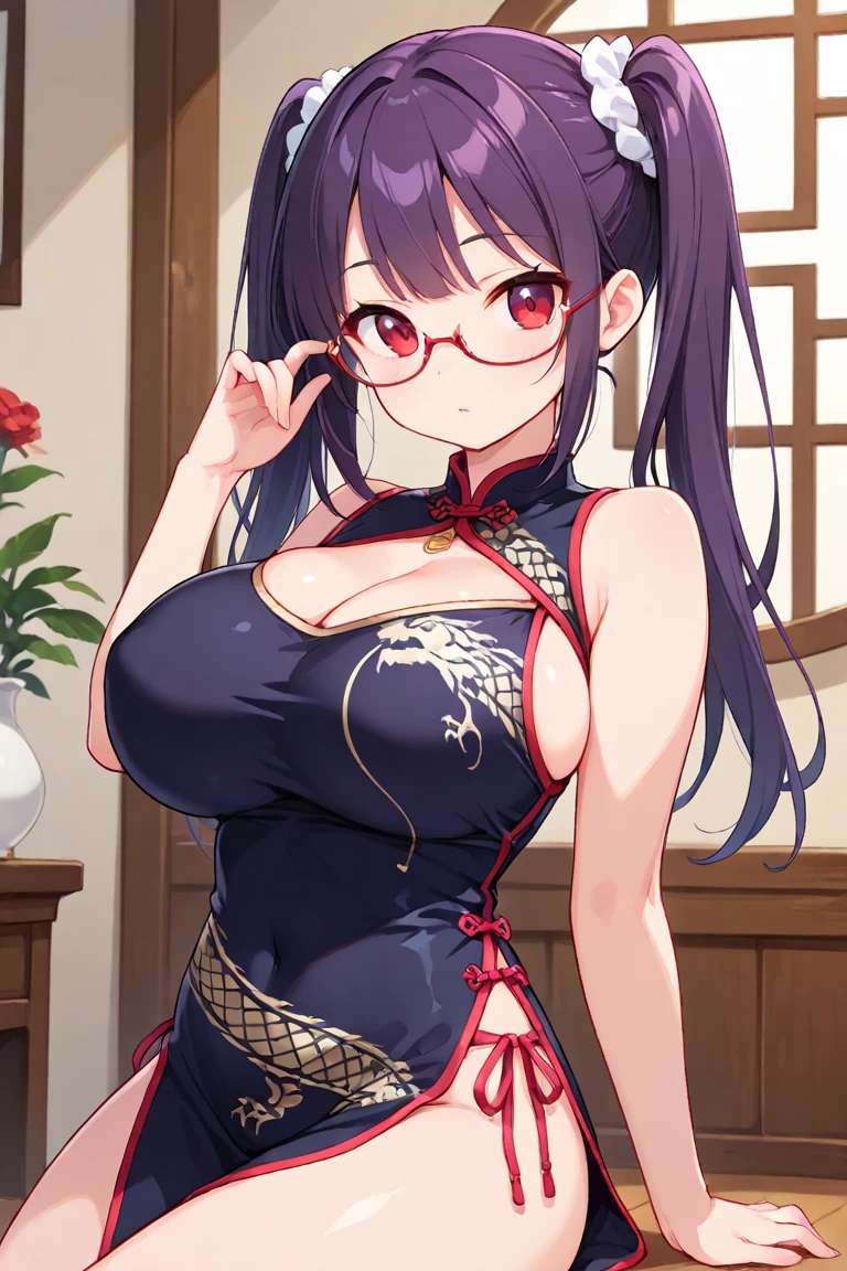 masterpiece, best quality, chisato hasegawa, looking at viewer, large breasts, upper body, portrait, seductive smile, put your hands behind your head, armpits, armpits visible, sweaty armpits, wearing red chinese dress, ponytail hair, wearing glasses