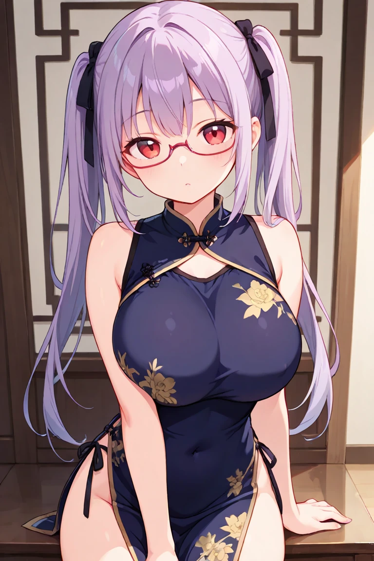 Cabelo longo roxo, Coroa de flores, round glasses black, heterocromia roxo vermelho, feminina, pele branco, colar preto, quimono azul claro, Hanafuda, big boobs,