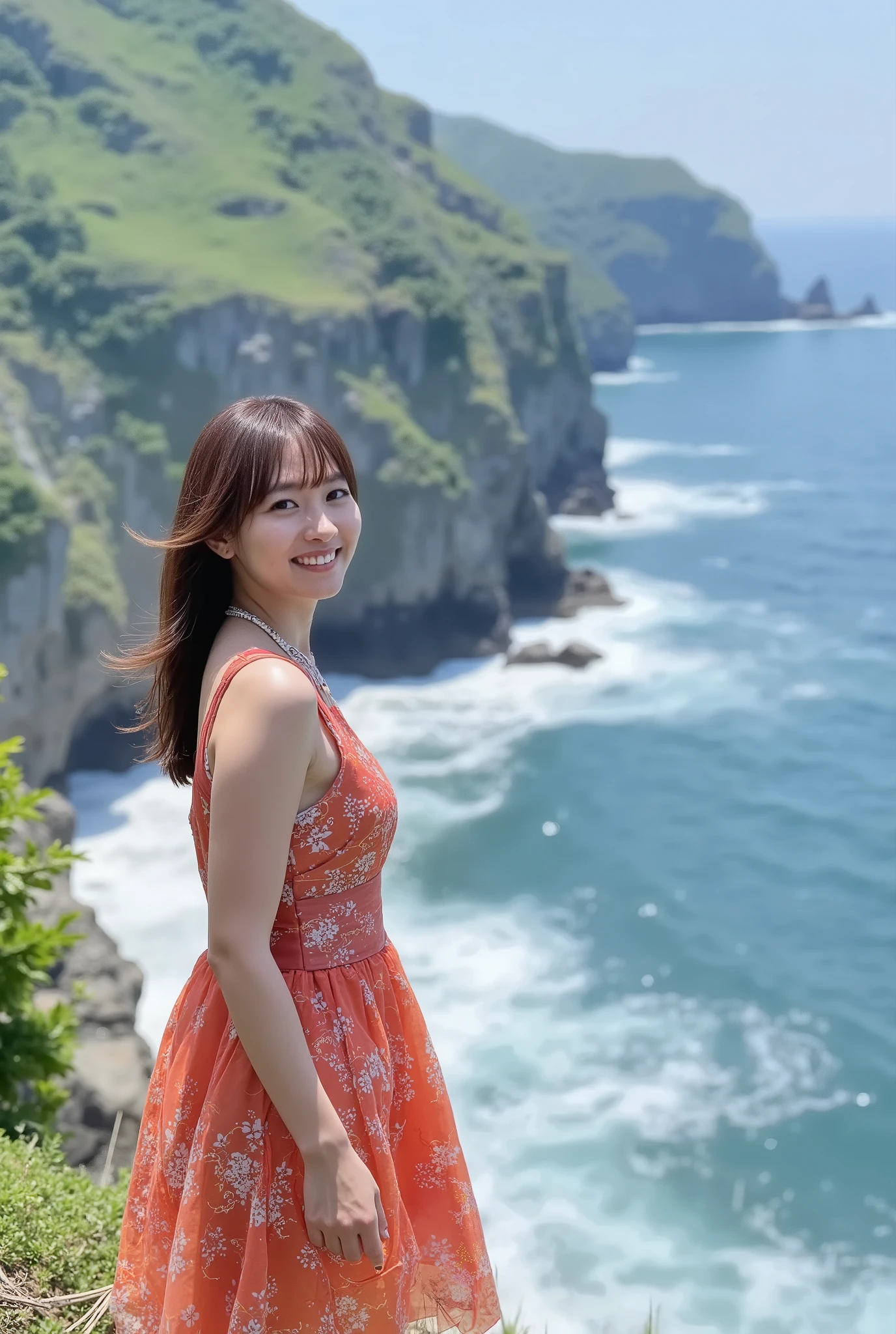 A breathtaking portrait of a stunning Japanese idol girl, standing gracefully at the edge of the towering cliffs of Tojinbo. She has a slender physique and elegant semi-long hair that dances in the coastal breeze. Her vibrant early summer outfit contrasts beautifully against the wild, roaring ocean behind her. With a radiant smile, she poses confidently, embodying both strength and delicate charm amidst the dramatic scenery.