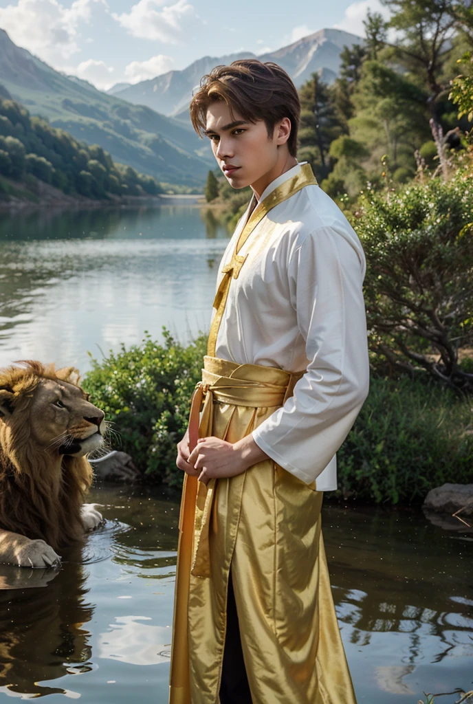 Young prince, teenage Korean boy, samurai iron helmet, golden necklace,golden Bracelet, golden belt, iron loincloth, shirtless, nude pants, standing in forest, abandoned castle, night, moonlight,star, horse