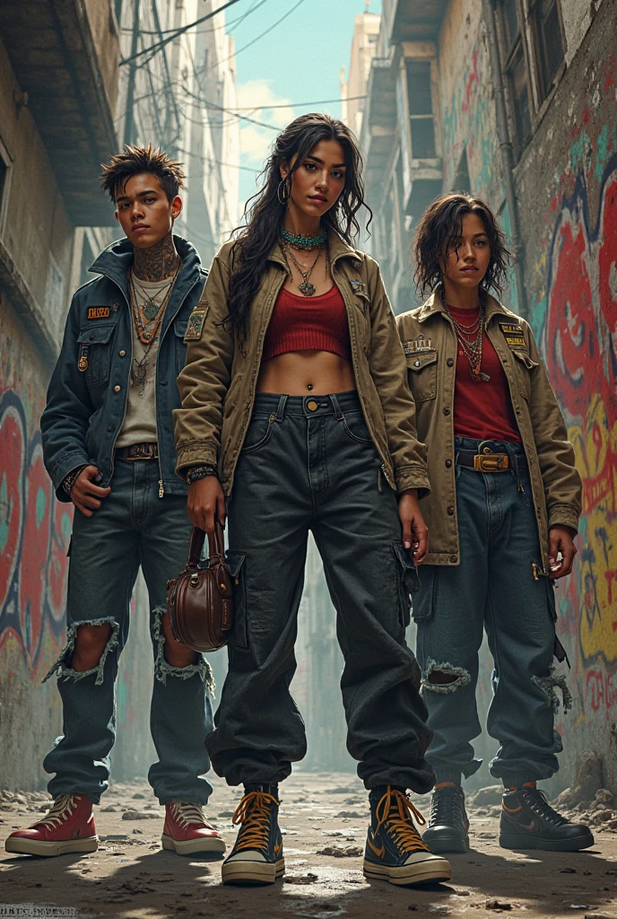 {subject: Four young resistance fighters, two women and two men, standing united in a dystopian environment, fighting against capitalism to protect the environment. They are wearing daring, futuristic outfits made from recycled materials, inspired by the fashion seen in the provided image. Each character exudes pride and determination, with bold messages on their clothing symbolizing their commitment to nature and the fight for environmental rights. Their outfits are a blend of patchwork designs, repurposed fabrics, and upcycled elements, reflecting their mission and the resourcefulness required in their world} {image type: photorealistic cinematic style} {environment/background: dystopian urban setting with dilapidated buildings, overgrown with wild vegetation, representing nature reclaiming its space. The sky is overcast, with a mix of smog and natural light piercing through} {art styles: futuristic eco-punk, dystopian fashion, high-concept editorial photography} {lighting: soft natural light filtering through the overcast sky, with dramatic shadows to highlight the textures of the recycled materials and the determination in their expressions} {camera: wide-angle shot capturing all four fighters in full view, slightly low angle for a powerful, unified appearance} {resolution: ultra-high-definition, 8K render, with intricate detail on the clothing, accessories, and surrounding environment}
