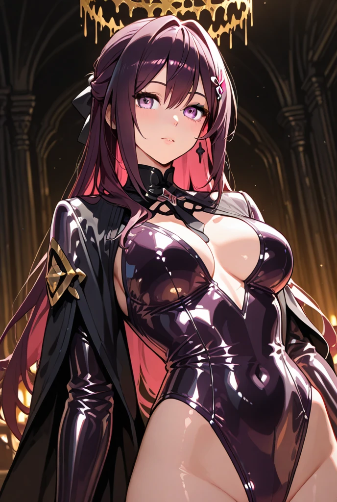 (ultra 8k cg, picture-perfect face, perfect face, beautiful face, masterpiece, high quality, best quality, flawless, clean, professional artwork, famous artwork), (dark skin, dark-skinned female:1.3), gyaru, waruochi, BREAK 1girl, (arisugawa natsuha), hair ornamnet, long hair, orange hair, glowing eyes, shiny skin, (underboob:1.3), navel, midriff, hands on waist, (epaulette:1.2), (magical girl uniform:1.2), black clothes, transparent clothes, skirt, latex, corruption, epaulettes, military cap, (evil smile:1.2), extremely thick lips, extremely long eyelashes, (huge breasts), (chubby, plump), big belly, pussy juice, (from below:1.3), earrings, jewelry, golden, ruined background, night sky, dust