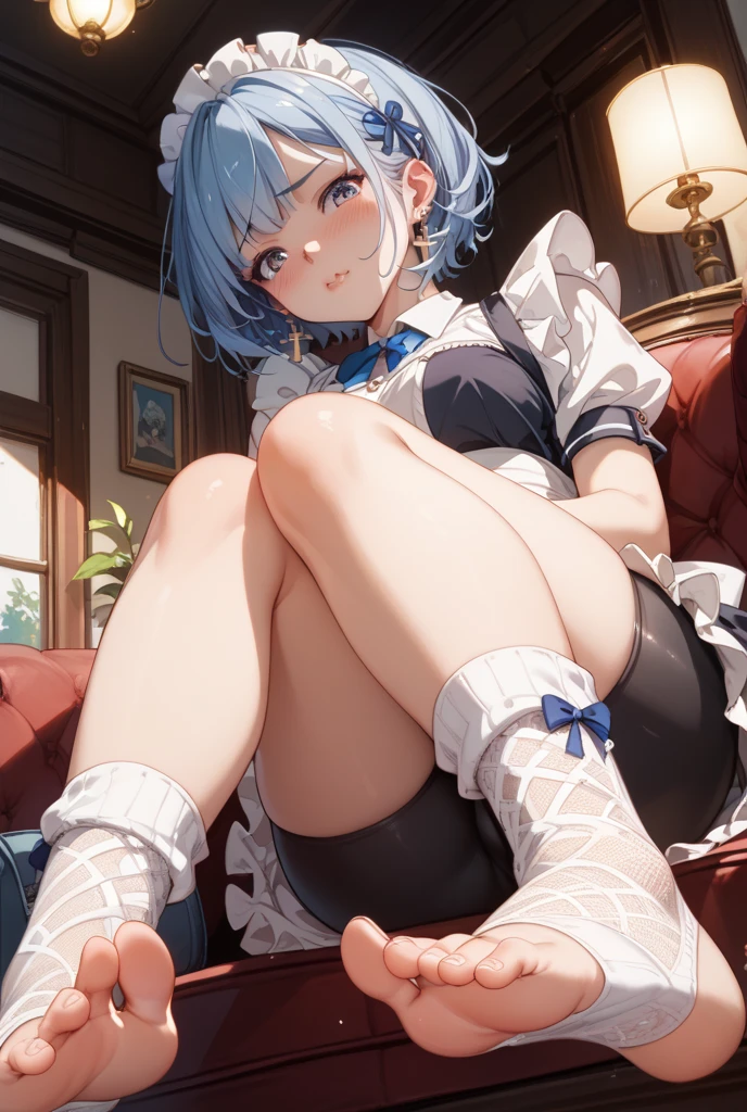 score_9, score_8_up, score_7_up, rem_\(re:zero\)
blue_eyes,hair_over_one_eye,short_hair,blue_hair,hair_ribbon,roswaal_mansion_maid_uniform, 1girl, solo, sitting, crossed legs, from below