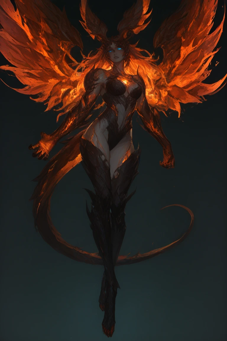 FFXIVGaruda, female, fit, striking pose, long legs, simple background, IfritFF16, Fire Elemental, Tail, Demon, Blue Eyes, Horns, Glowing Eyes, orange fire, cracked skin