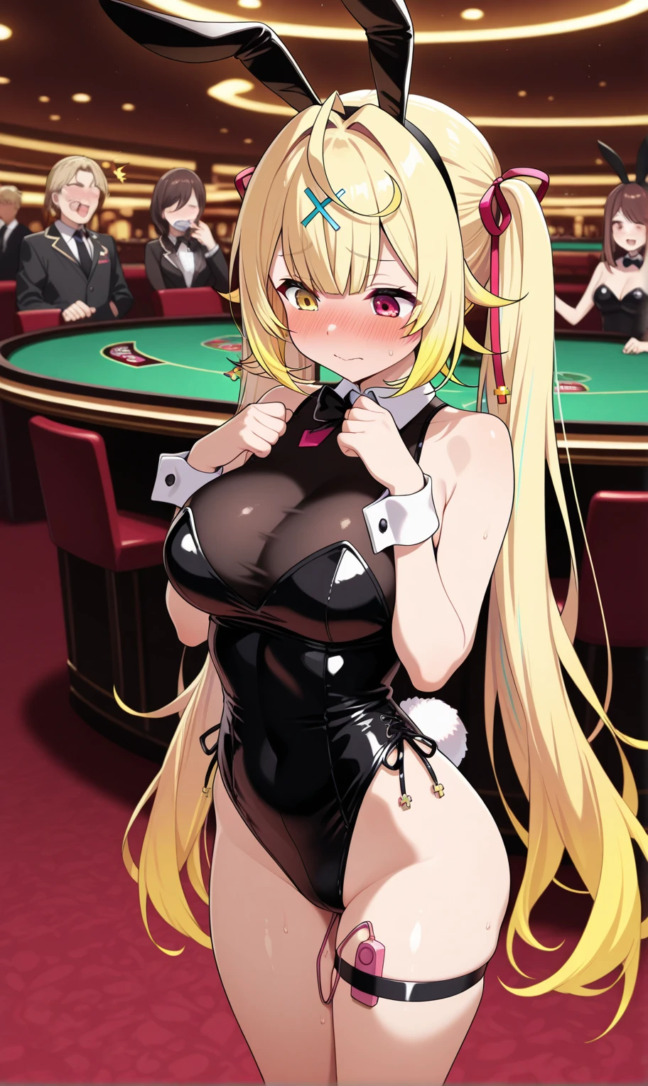 (8K、Highest image quality、highest quality、masterpiece)、detailed face、1 girl、yellow hair、twintails、((drill hair:1.1))、light greenの目、evil smile、((grin))、((gigantic breasts))、((playboy bunny))、((black pantyhose))、cowboy shot、Hands on hips、casino、slot machine、table
