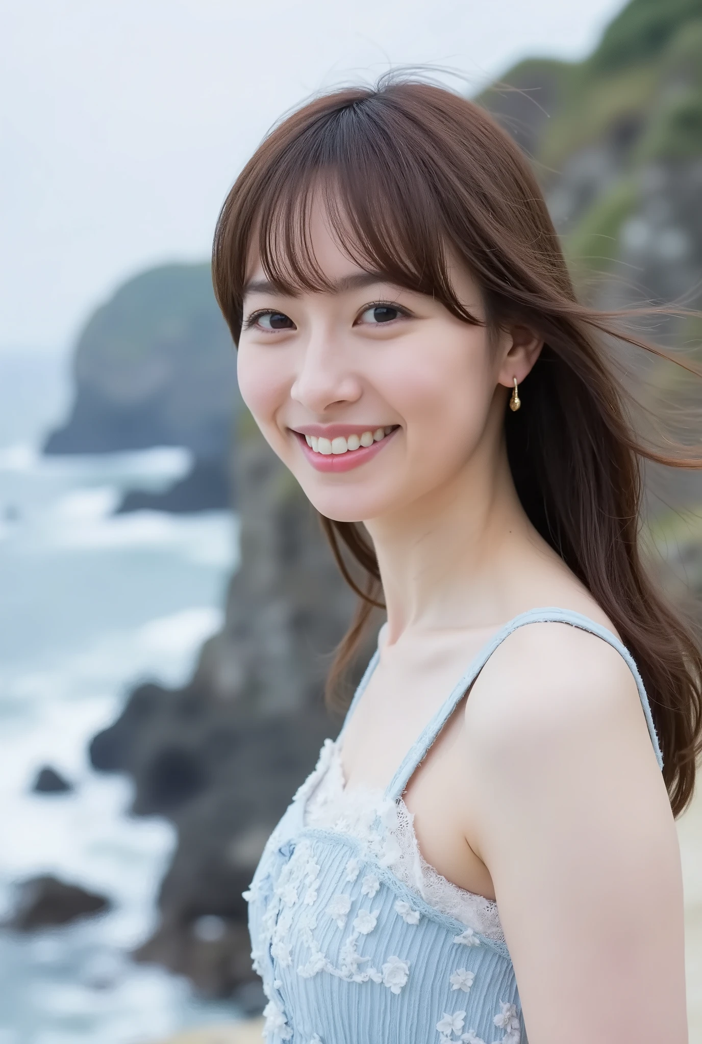 A breathtaking portrait of a stunning Japanese idol girl, standing gracefully at the edge of the towering cliffs of Tojinbo. She has a slender physique and elegant semi-long hair that dances in the coastal breeze. Her vibrant early summer outfit contrasts beautifully against the wild, roaring ocean behind her. With a radiant smile, she poses confidently, embodying both strength and delicate charm amidst the dramatic scenery.