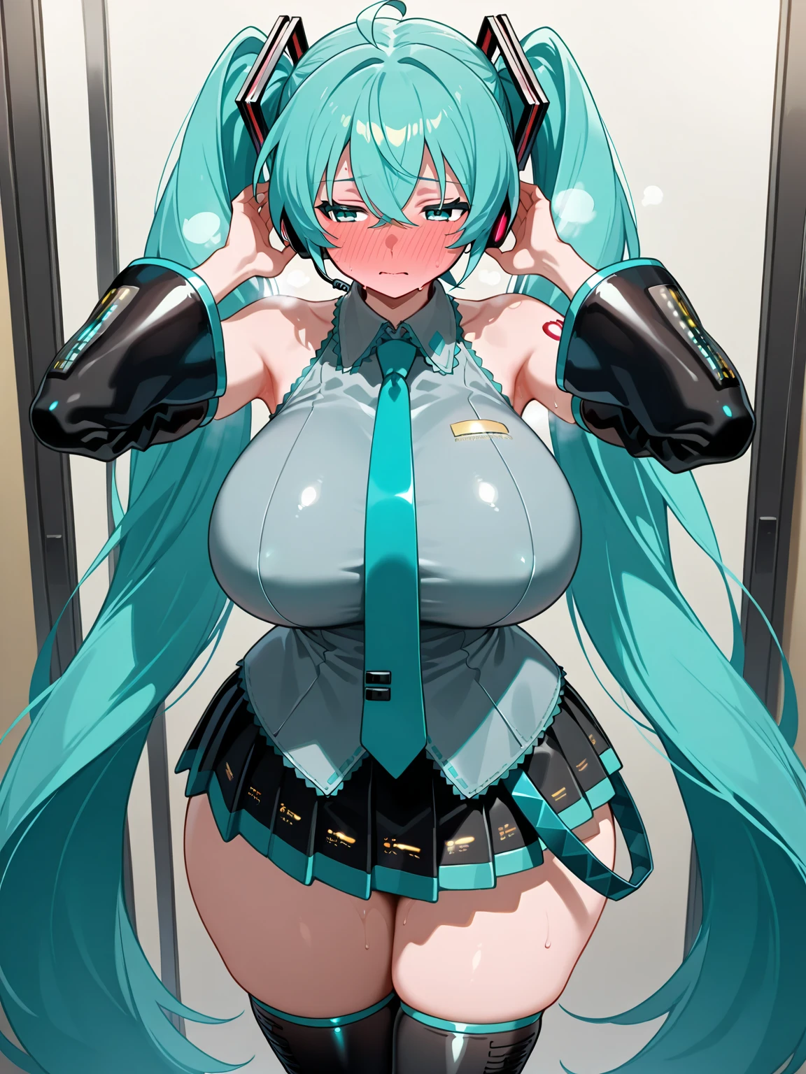 hatsune_miku, 1girl, solo, long hair, looking at viewer, smile,gigantic ????????????, open mouth, bangs, blue eyes,house background, darkened room,thigh highs, gloves, dress, bow, ribbon,twintails, very long hair, blue hair, hair bow, belt, tie,pulls her ????? in with her arms,very near,??????????,Females ???????,lecherous look,