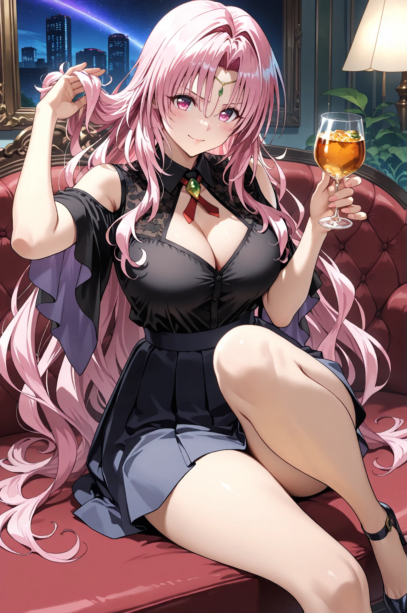 A pink haired woman with violet eyes with an hourglass figure in a leather jacket and lacy dress is sitting at a bar with a big smile