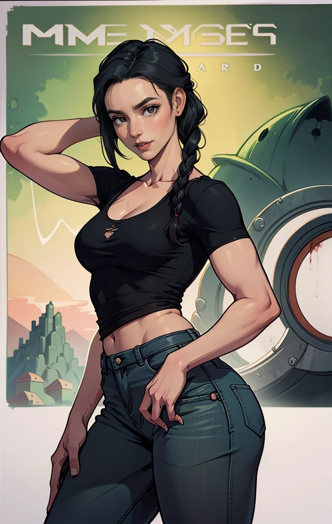 Personagem mulher estilo atompunk Fallout 4 cabelos pretos atriz Ella Purnell com marcas de guerras Imagem de desenho animado de uma mulher .Ilustracaoo estilo desenho animado, estilo de arte dos desenhos animados, estilo de arte dos desenhos animados, digital illustration style, estilo atompunk design de personagens altamente detalhado, arte digital detalhada coragem,actress Ella Purnell with black hair slim body Forest fan art, Design de cabelos pretos personagens de retrato, beautiful digital illustration, retrato de alta qualidade, Arte em quadrinhos, s . Eyelined eyes, medium bust and wonderful sexy clothes. image expression of sexual desire from waist to head illustration atompunk style Fallout 4 The perspective is from below, enfatizando a majestade e o poder da Gigante."atriz Ella Purnell cabelos pretos
