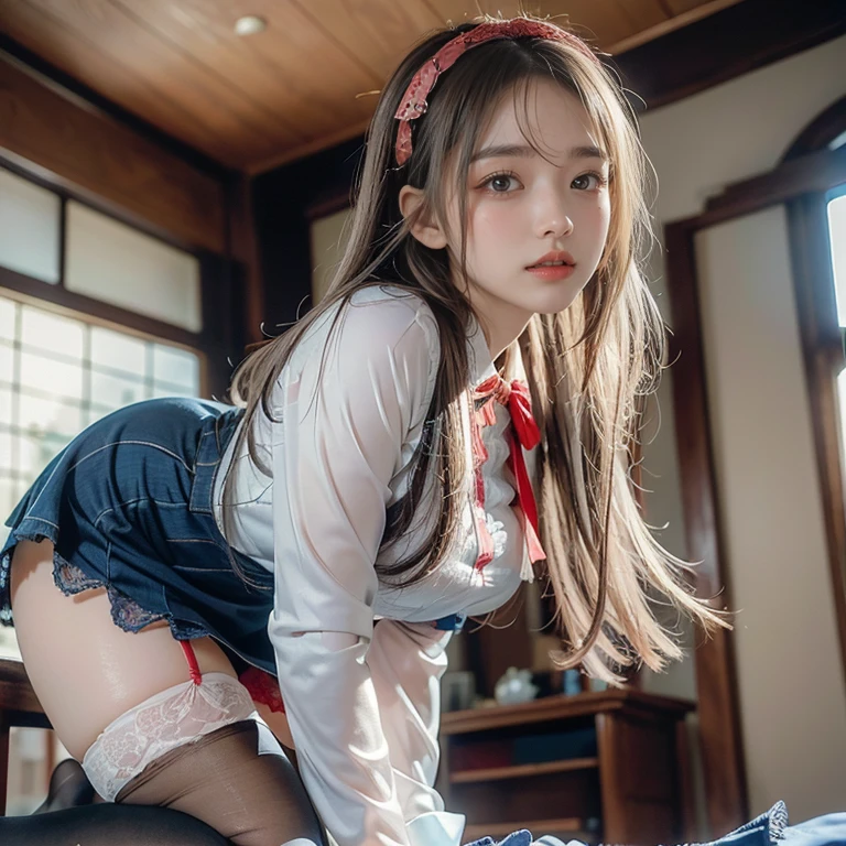 ((Dark blue socks)) Put your hands on your knees ((Brown loafers)a blond、((Detailed mint green lace panties are visible))(Squatting panty shots)二重まぶた Lashes beatiful detailed eyes、ultra-detailliert、hight resolution、Transcendent beauty top-quality、masterpiece、、(Japanese girls' high school uniform))、Very detailed expression school classrooms Highly detailed appearance 21 year old girl、front facing、((dynamicposes)))、(Sitting on legs with bent knees))、pleatedskirt、Ribbon 1,2 Sexy Upper Eyes A slight smil low angles