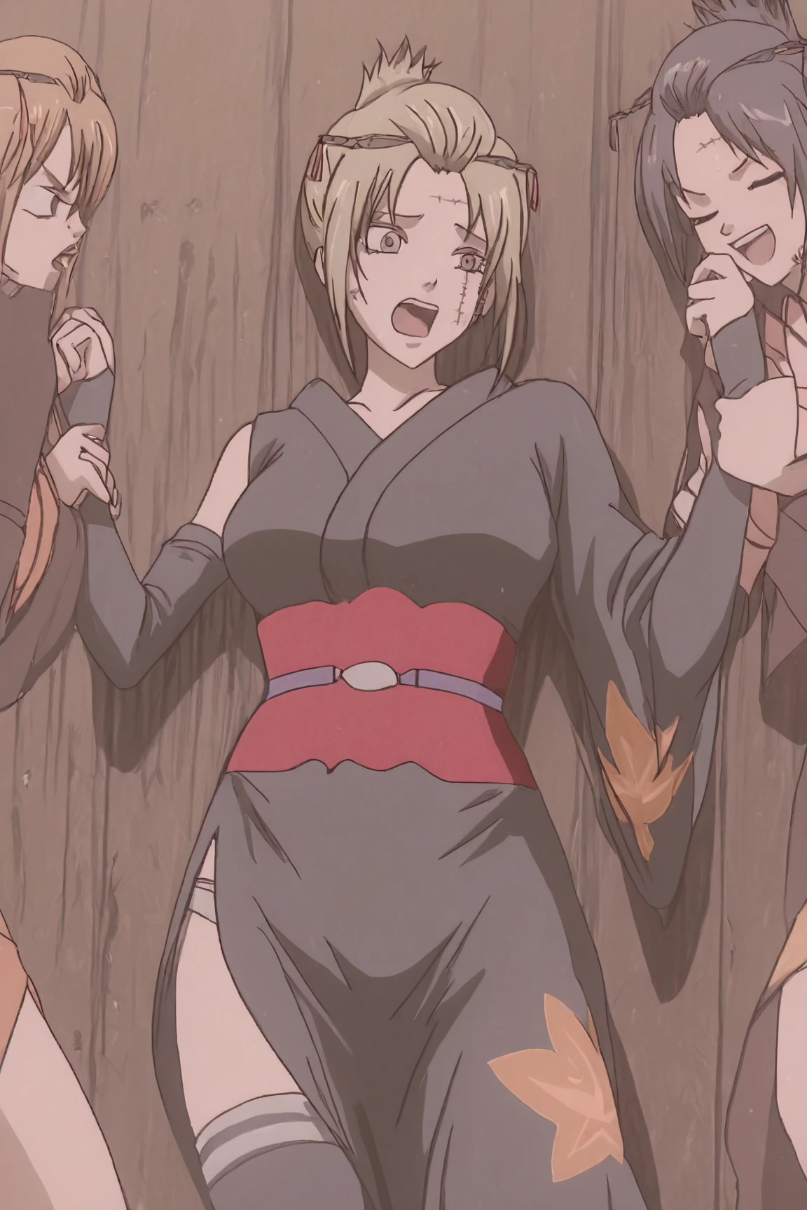 score_9, score_8_up, score_7_up, source_anime, knymakio, makio, blonde hair, black hair, brown eyes, yellow eyes, ponytail, multicolored hair, two-tone hair, thighhighs, cleavage, japanese clothes, black thighhighs, indoors, bed, bed room,blush, solo, back, ass, big ass, nude, big breasts, ass focus, on all fours, sitting,