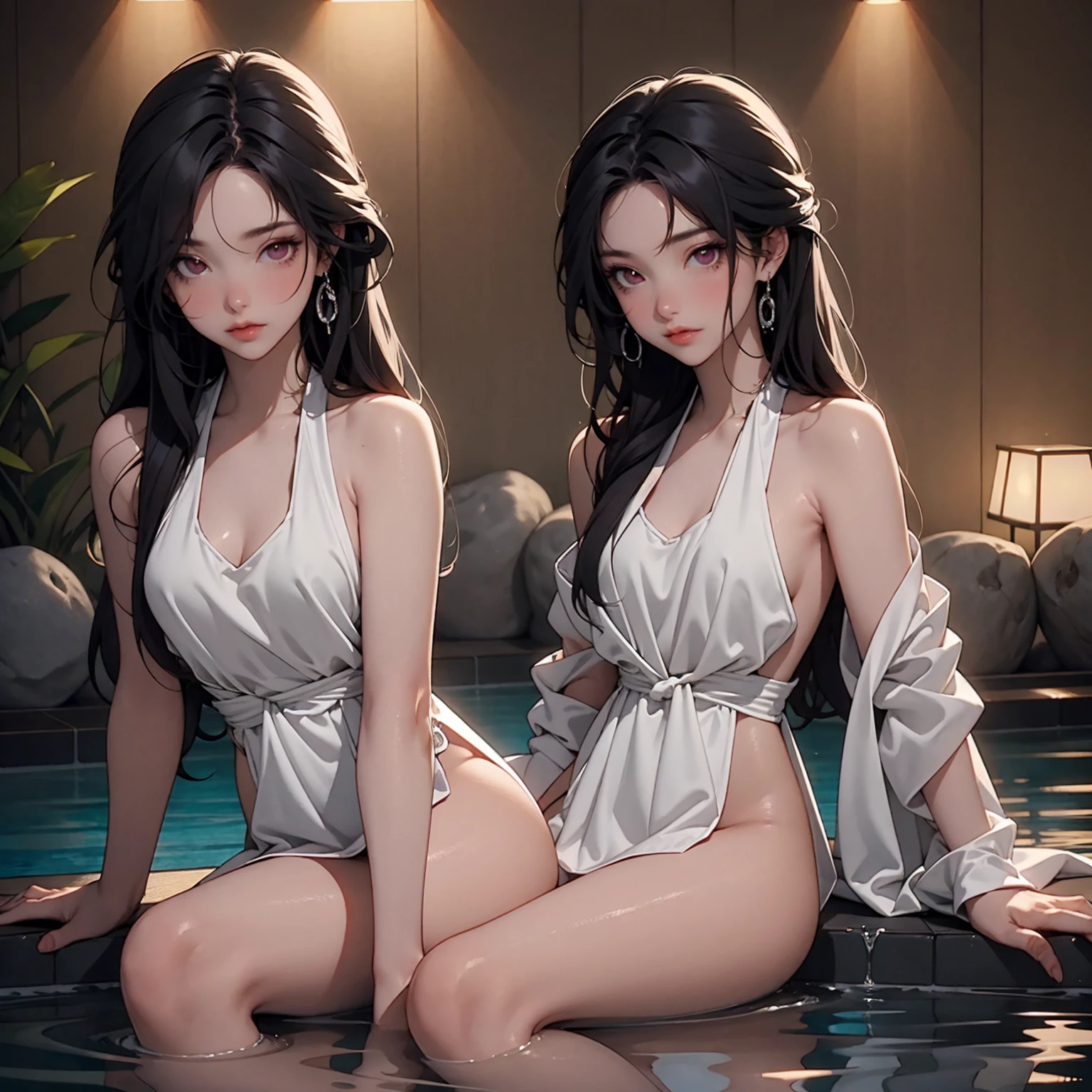 Soles of feet,Soles,Toes,Looking up,Lying down,2Women,Feet,Toes,Purple Hair,Sexy,naked jersey, Holding a long sword,Side Breast, Sexy的大腿,Hold a brush in hand,Delicate face, Dark eyes, A faint smile, Become a, Big breasts, Moonlit sky,Night sky background,Sea,Waves,Rose
