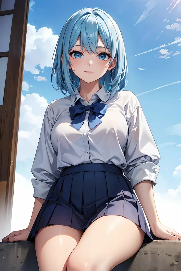(Highest qualityのイラスト:1.2), (pretty girl:1.1), (1 girl、17 years old、Highest qualityのイラスト:1.2), (1 girl、smile、Very detailedな目:1.2)、Bright blue hair、Short Bob Hair、(Highest quality、Very detailed、Very detailed and beautiful、Ultra-high resolution) 、High 、White shirt、Light blue pleated skirt、from behind, from below