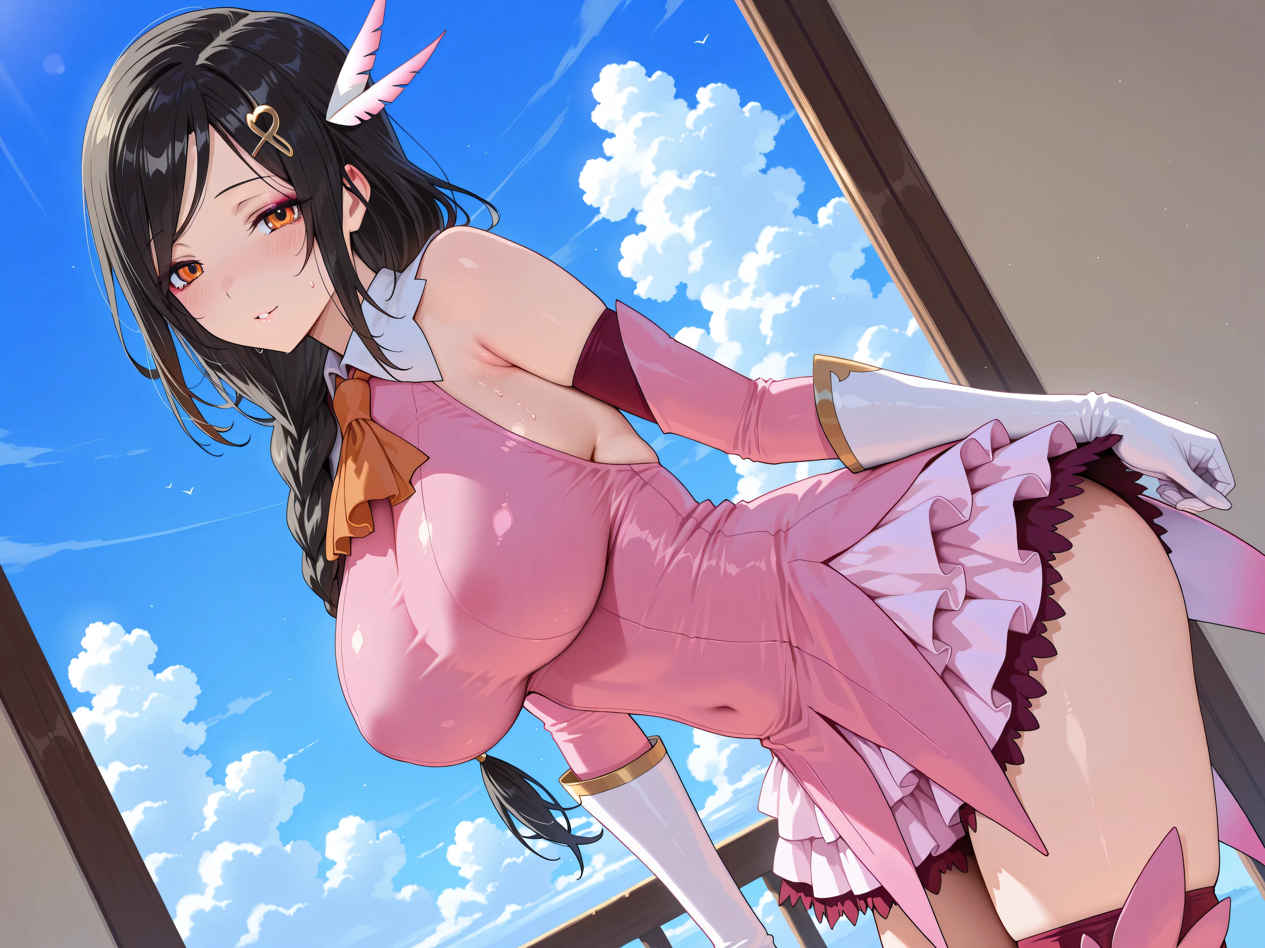 solo,masterpiece,best quality, amazing quality, highres, absurdres, very aesthetic, high resolution, ultra detailed, perfect details,nijitomoe,large breasts,orange eyes,black hair,makeup,long hair,single braid,hair over sholuder,hair ornament, prisma illya cosplay, prisma illya (cosplay), dress, elbow gloves, feather hair ornament, feathers, frilled dress, frills, gloves, hair ornament, layered gloves, magical girl, orange ascot, pink dress, pink feathers, pink gloves, pink sleeves, white gloves,,mature female