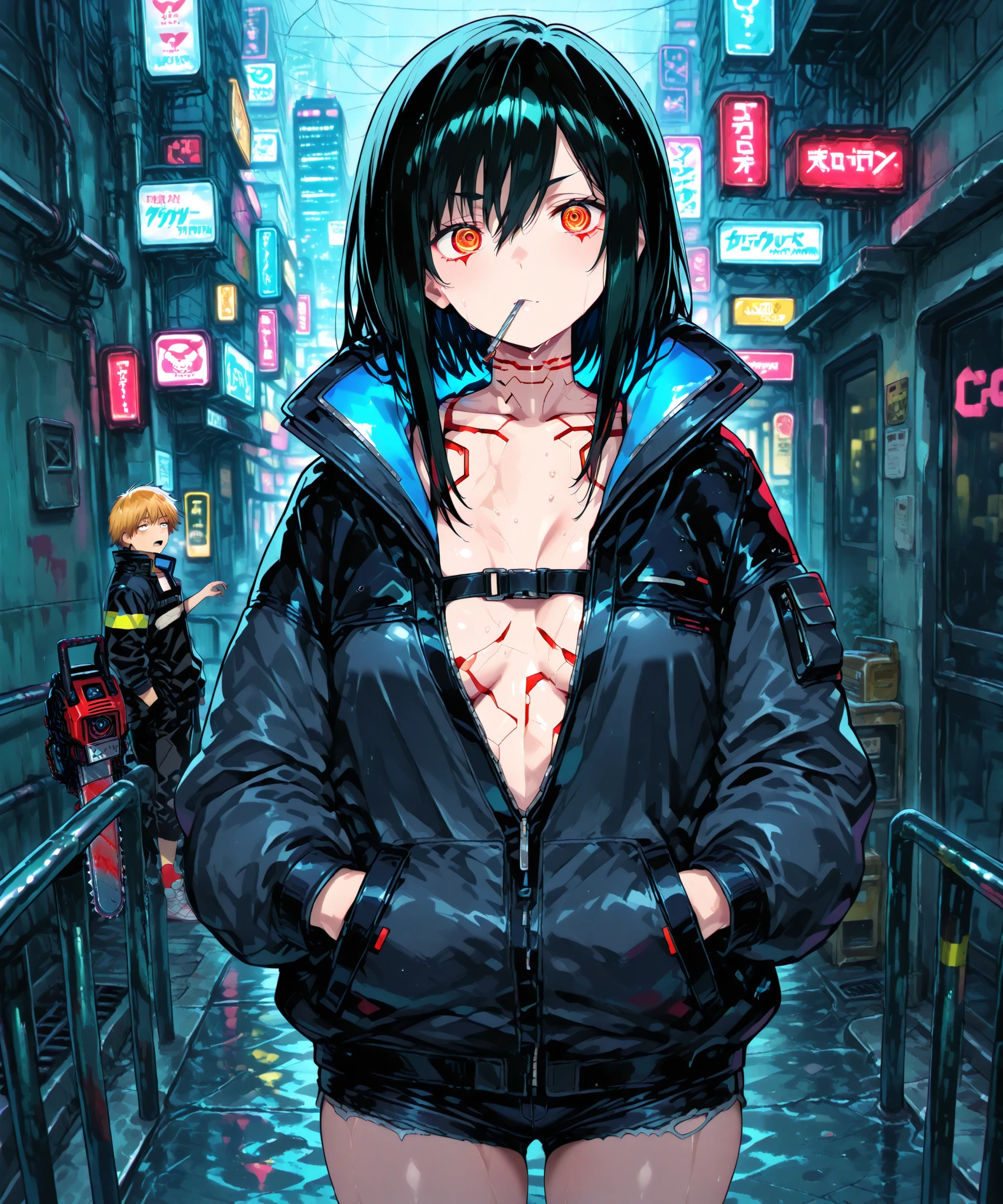 748cmstyle,cyberpunk (masterpiece, best quality:1.2 a , Denji-Demon of Cainsaw from Chainsaw-man, through a rainy cyberpunk city.