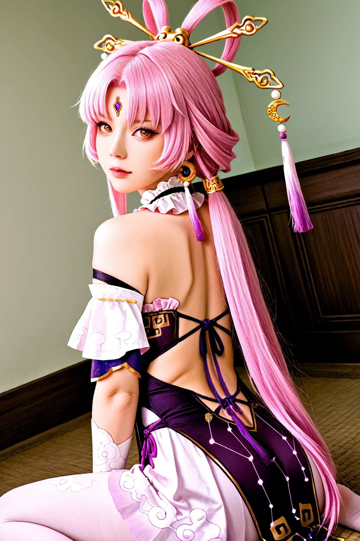 She is in the main hall of the palace, sitting with a majestic posture on her ebony throne. Your hair is a vibrant pink, like rose petals in full bloom, falling in gentle waves over your shoulders and back.Your eyes are the same shade of pink, glowing with a mysterious glow that captures the soft light that streams in through the hall's tall windows. Your skin is pale and flawless, contrasting with the dark throne and the fine fabrics that surround it.She wears a long black silk dress, which molds perfectly to your slender curves and subtly reveals your slender and attractive figure. Silver details adorn the edges of the dress, reflecting her position as the undisputed leader of the vampires.Ao redor dela, ancient tapestries depict scenes of epic battles and glorious conquests of vampires over the centuries, silent witnesses to his long reign and absolute power over his dark kingdom.