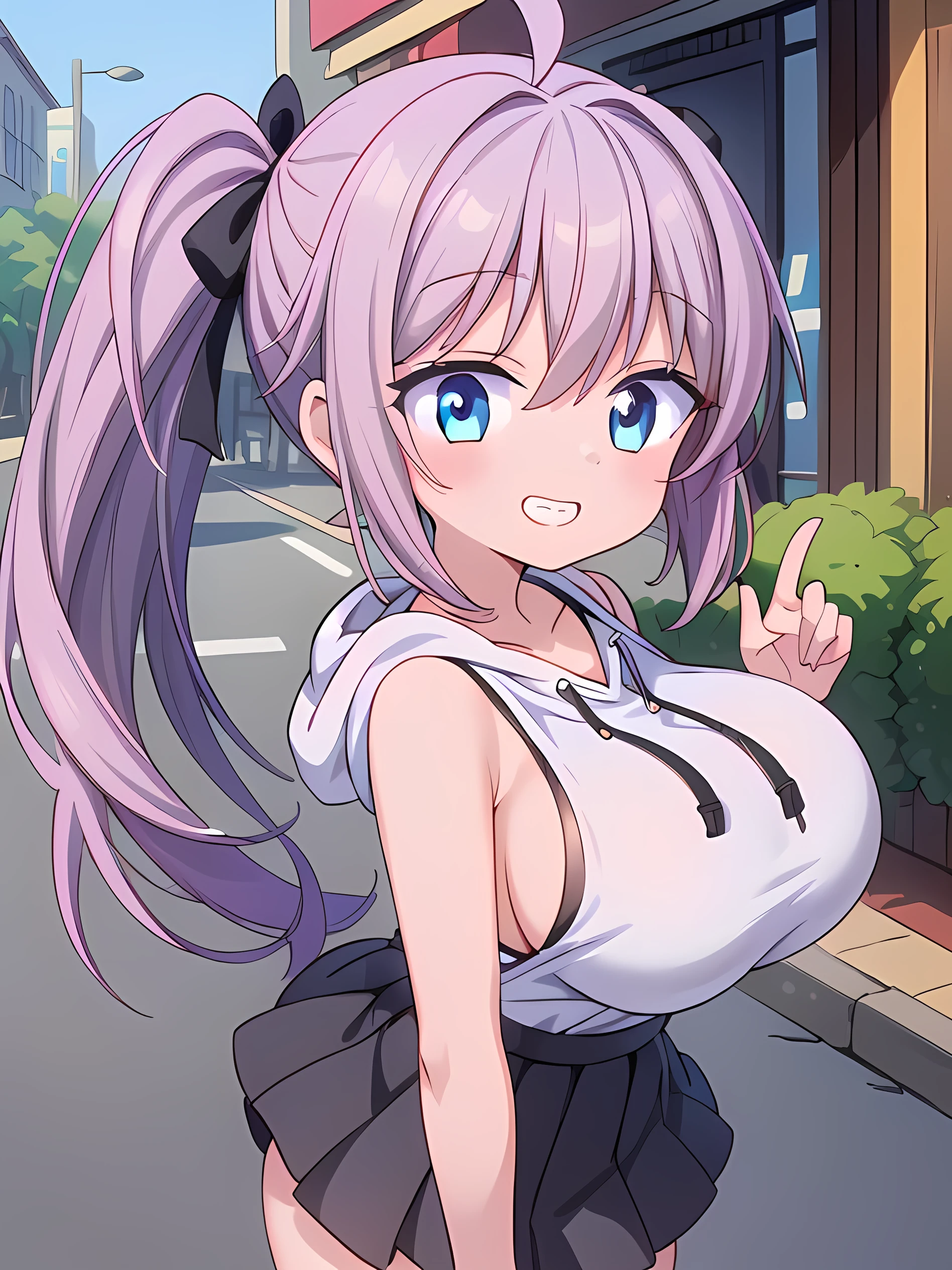 HIMEJIMAKINOKO, LIGHT PURPLE HAIR, TWINTAILS, HAIR BOBBLES, polka dot, VERY LONG HAIR, YELLOW EYES,,, large breasts, , solo nipple ,Running around、 busy street wet, crying