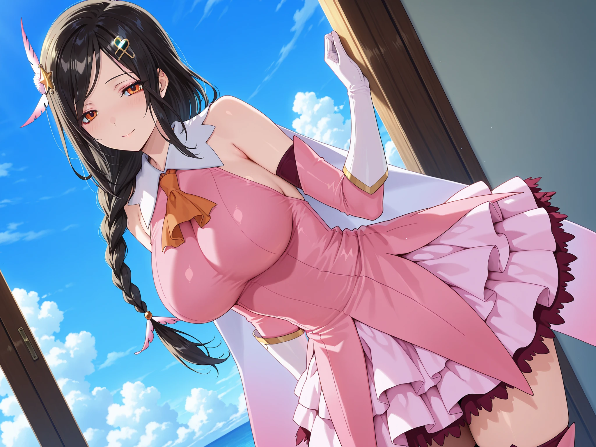 solo,masterpiece,best quality, amazing quality, highres, absurdres, very aesthetic, high resolution, ultra detailed, perfect details,nijitomoe,large breasts,orange eyes,black hair,makeup,long hair,single braid,hair over sholuder,hair ornament,  prisma illya cosplay, prisma illya (cosplay), dress, elbow gloves, feather hair ornament, feathers, frilled dress, frills, gloves, hair ornament, layered gloves, magical girl, orange ascot, pink dress, pink feathers, pink gloves, pink sleeves, white gloves,,mature female、anime screencap,