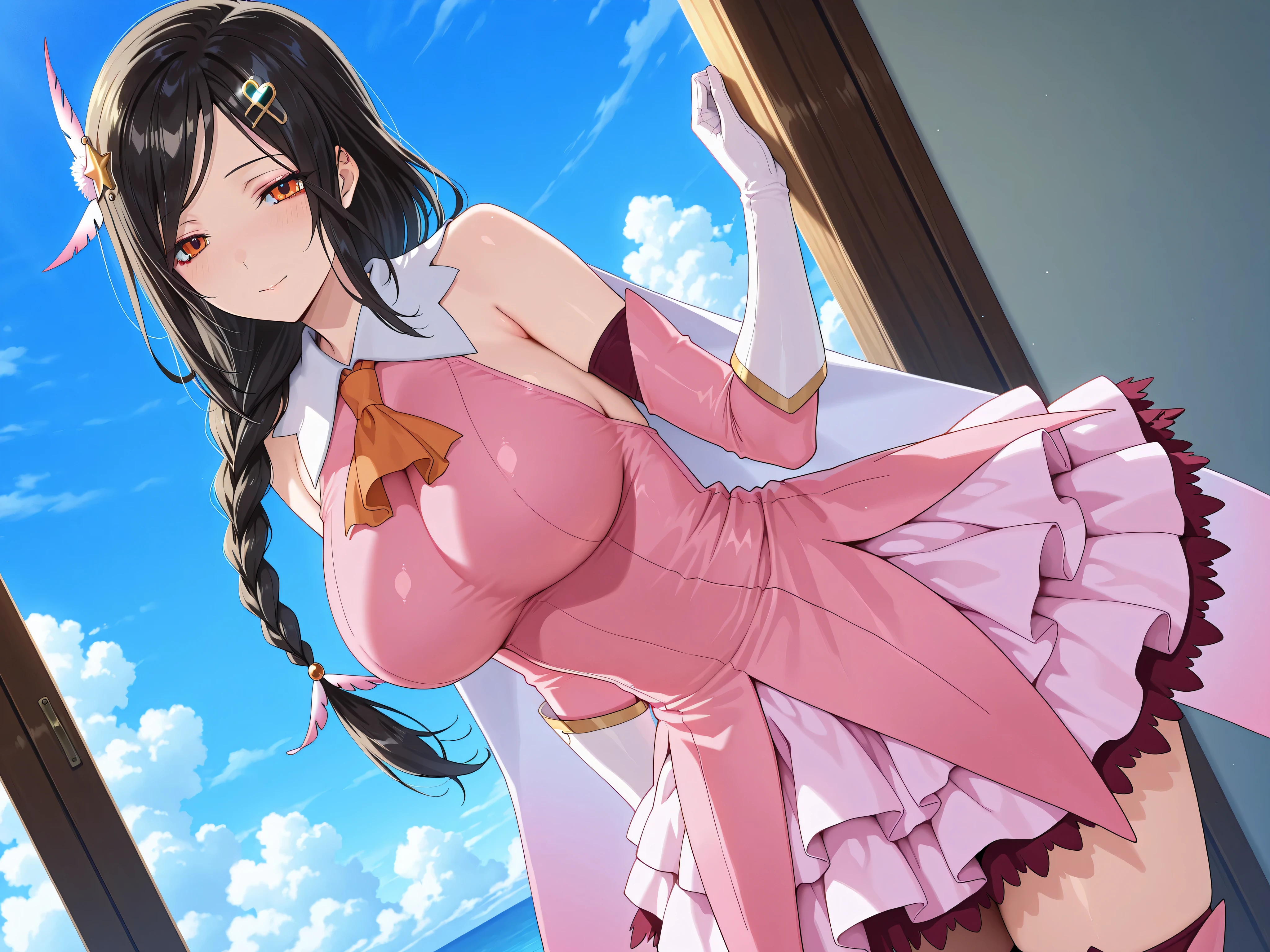 solo,masterpiece,best quality, amazing quality, highres, absurdres, very aesthetic, high resolution, ultra detailed, perfect details,nijitomoe,large breasts,orange eyes,black hair,makeup,long hair,single braid,hair over sholuder,hair ornament, prisma illya cosplay, prisma illya (cosplay), dress, elbow gloves, feather hair ornament, feathers, frilled dress, frills, gloves, hair ornament, layered gloves, magical girl, orange ascot, pink dress, pink feathers, pink gloves, pink sleeves, white gloves,,mature female、anime screencap,
