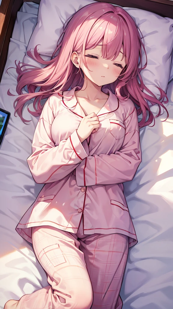I'm looking at my phone、high resolution、Highest quality、pretty girl、Cute room、Lying on the bed、I'm reading manga on my phone、Fluffy and soft loungewear、pajamas、