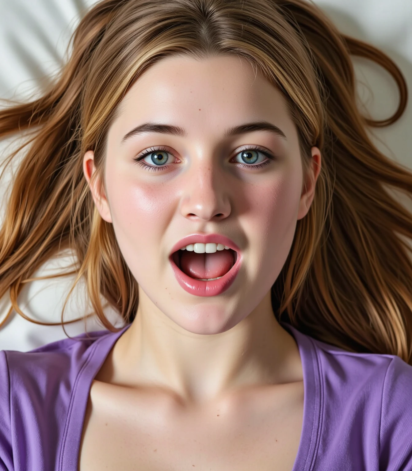 beautiful teen girl ,face portrait, scared, mouth open, eyes rolled looking up, crying