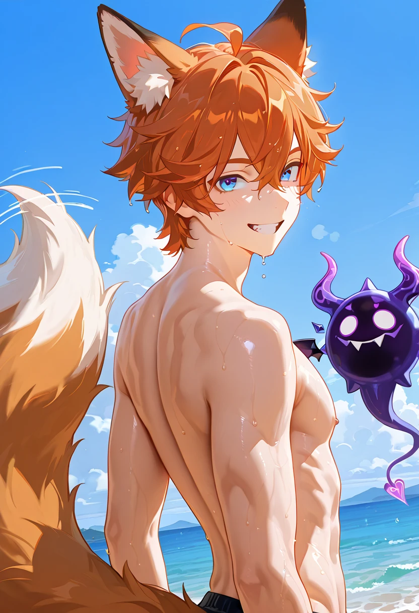 normal body, cute boy, orange hair, spiky hair, short hair, bangs, blue eyes, cat ears, cat tail, shota boy, blush, nude, cry, a man play his niples, other put a big dick on his ass, cum, other man kissed him