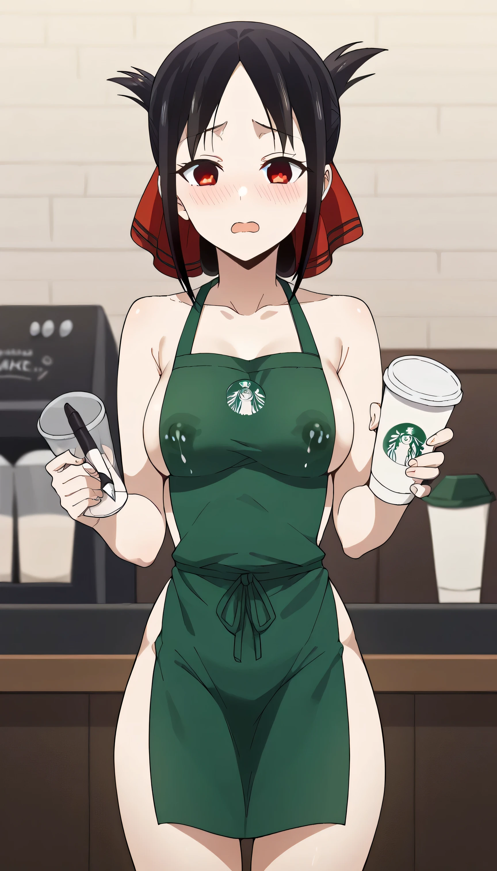 score_9, score_8_up, score_7_up, source_anime, kaguya shinomiya, short hair, bangs, black hair, red eyes, hair ribbon, sidelocks, folded ponytail, parted bangs,, iced latte with breast milk, ice latte with breast milk (meme), barista, green apron, holding marker, naked apron, marker, meme, cup, disposable cup, cafe, disposable coffee cup, lactation through clothes, apron, holding pen, holding cup, pen, cup, cowboy shot, blush, open mouth,