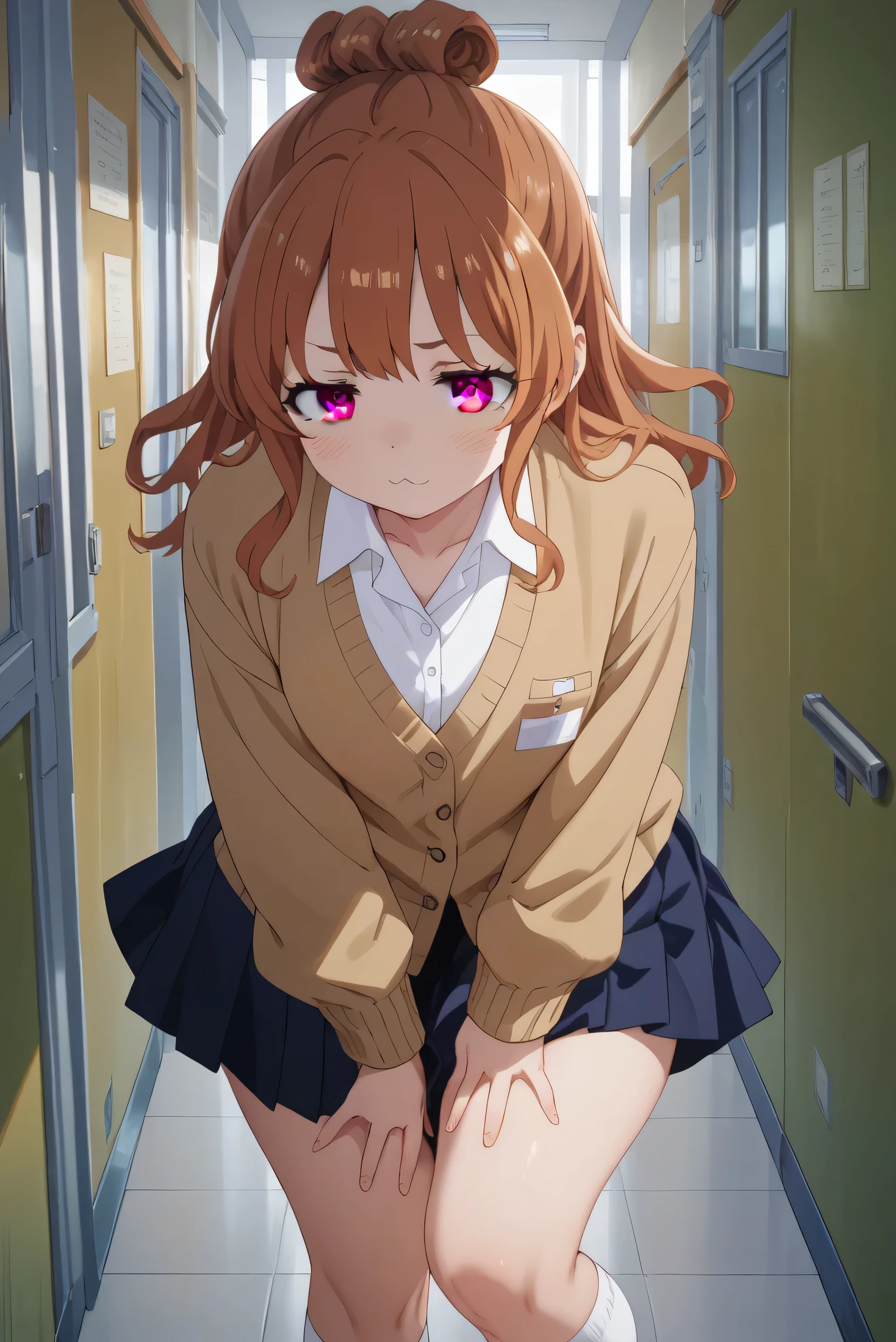 1girl, Japanese, moeko sekine, long hair, skirt, brown hair, brown eyes, hair bun, single hair bun, sidelocks, high school uniform, white knee-high socks, thick thighs, smooth skin, seductive yet shy expression, standing provocatively in a school hallway, one leg slightly forward, skirt lifted higher, exposing more thigh, body language slightly leaning forward, teasing pose with
