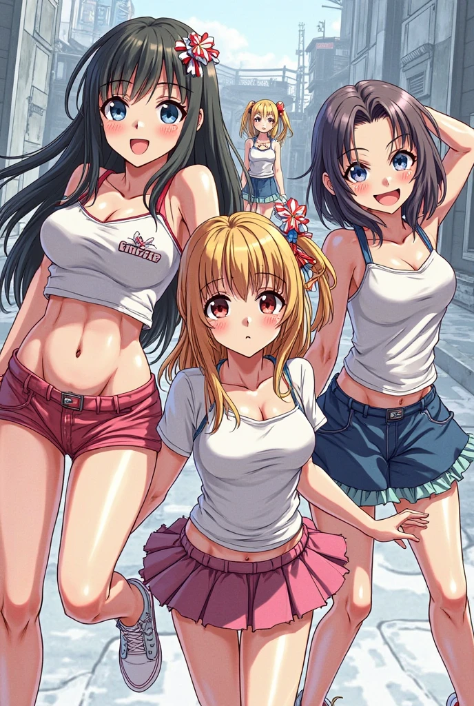 (busty girl), solo, (unexpected expression)(mouth open, (white jacket), (pink shirt)short width, (erotic lingerie)(crotch open)labia(erect clitoris), (covered nipples), narrow constricted waist, belly button, Small hips, bare hips, (partially exposed)vulva(labia), (blond hair)buns(twintails), white ribbon, large eyes, blue eyes, sunny metropolis