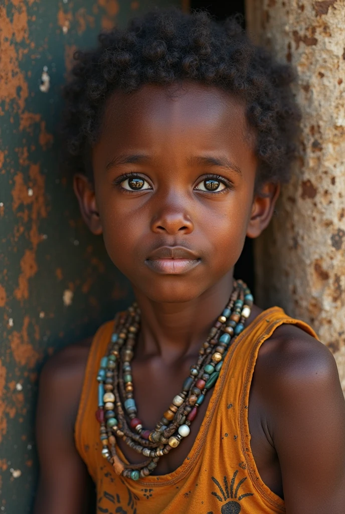 High definition, best qualityer, photo ultra realistic, extremely detailed, a beautiful , africana, face focus, cleaned up, (I see a black African , with full body view, around 5 years old, (short, frizzy hair like a normal black child), sitting on a dirt floor, in profile, view from a distance by simply viewing the child&#39;s side, the entire body and the  looking to the opposite side, very beautiful image, very detailed)