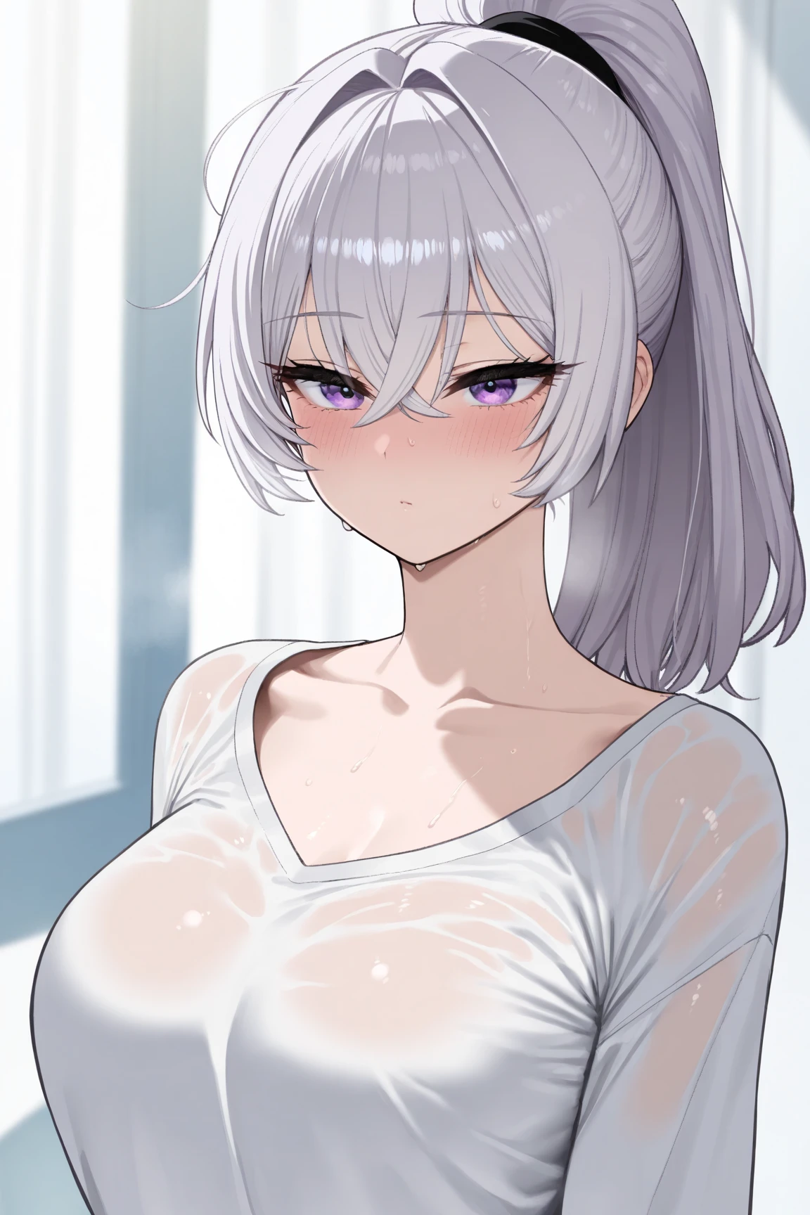 Yukino, Silver hair and eyes in a wet white t-shirt, anime visual of a cute girl, screenshot from the anime film, & her expression is solemn, ahegao face, in the anime film, in an anime, anime visual of a young woman, she has a cute expressive face, still from anime, big breast use pantyhose, fair skin