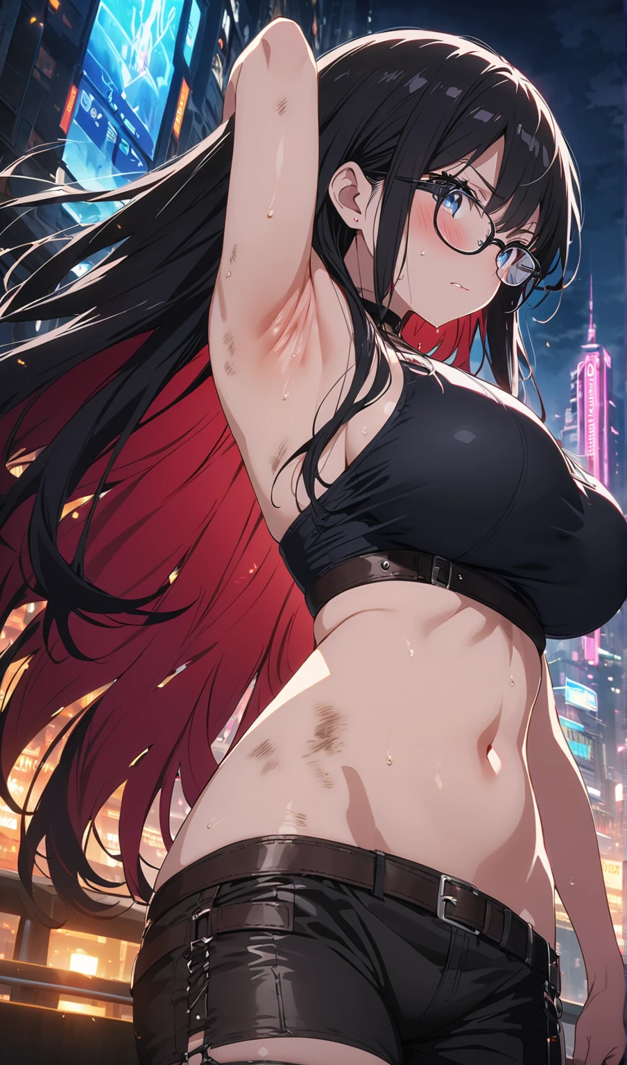 masterpiece, best quality, HuTaoV4, 1 girl, alone, blush, Double tail, long hair, hair between eyes, ((streetwear)), City, outdoor, night, movie poster, Very detailed 8k, Smooth, High resolution, super quality, movie lighting, ambient occlusion, HD, 2k, 4K, 8K, 16K, Very detailed anime, Detailed faces, perfect composition, Wide-angle lens, mood lighting, very sexy,huge breasts, Underwear with minimal fabric, Random low back angle, Uncensored, National Science Foundation, Uncensored