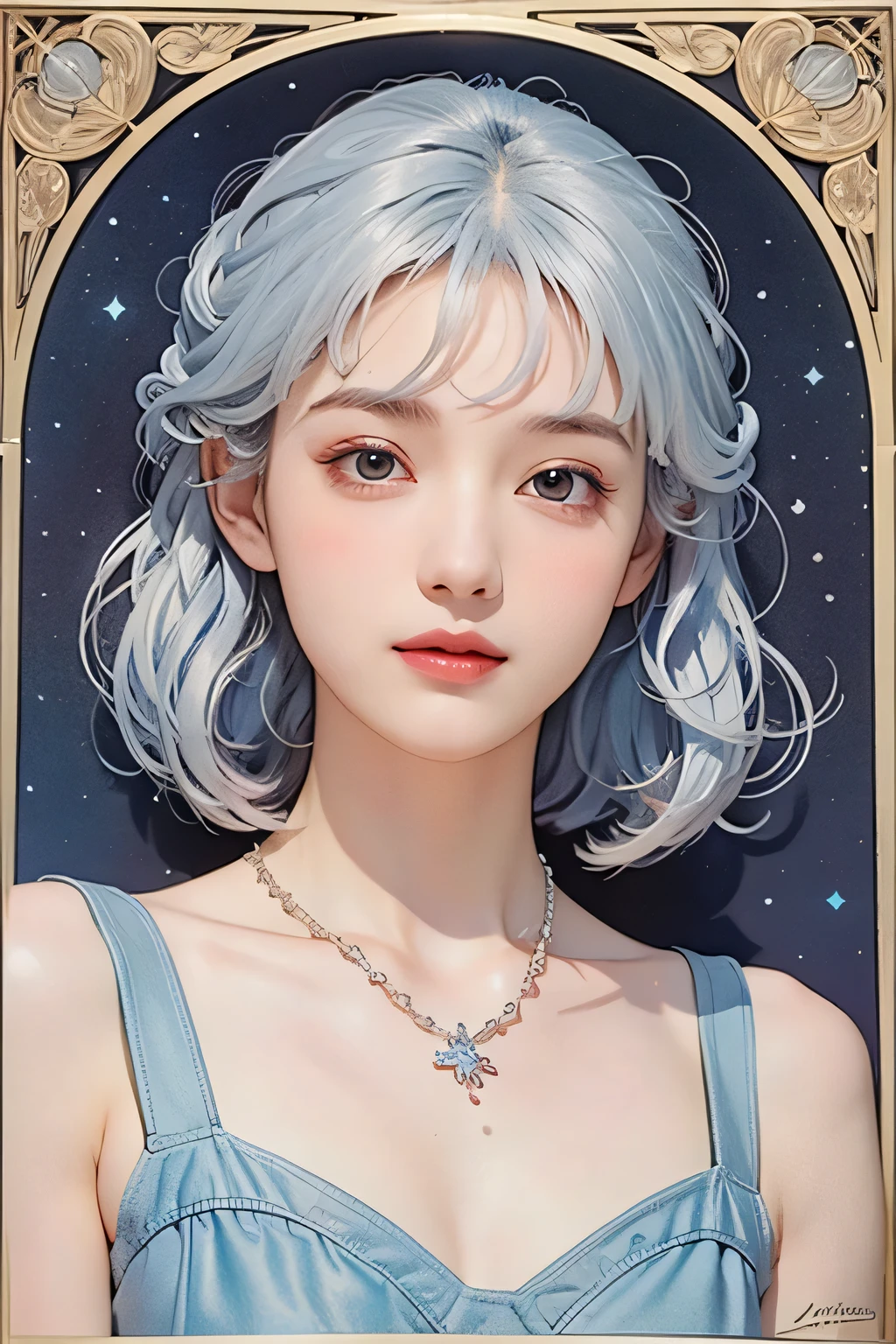 (Beautiful woman with fair skin), (A calm and gentle smile like a girl), Clear light blue eyes, (Medium-length loosely curled silvery white hair), Close-up, Portrait, (Cool-colored shirt), (Slim figure), Small ice necklace, (A cold ice world in cool colors), The entire building is made of ice, Ice room, Small transparent snow flowers, Shining snow, Large snowflakes, An all-ice world, Cool-colored lighting, Fine and precise details, Use of contour lines, Clean line drawing, (Alphonse Mucha-style composition), (Stylish ice decorative frame in Art Nouveau style), Masterpiece!, Beautiful!, Wonderful!, Perfect!