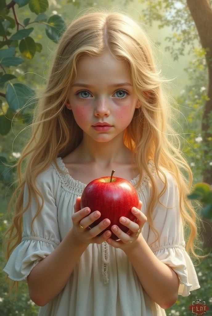 There is a BLONDE girl holding two apples in her hands, eating rotten fruit, holding an apple, with apple, apples, girl wearing uniform, children, photo bank, children, red apples, snow white portrait, wearing school uniform, wearing a school uniform, one holds apple in hand, 3/4 see portrait, children, bank image --auto --s2