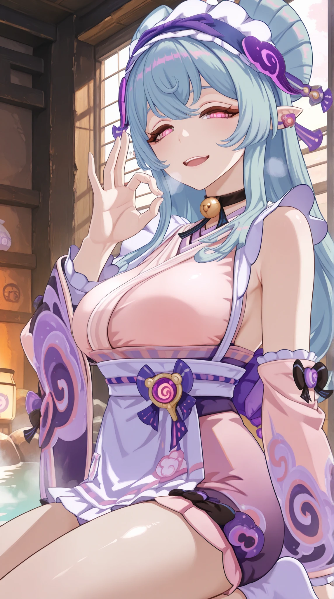 Score_9_up,Score_8_up,Score_7_up,1 Female, solo,long hair, blue hair, bangs, hair ornament, maid headdress, pointy ears, purple eyes,choker, neck bell, Wearing a Maid kimono, Perspired, Steam,Seiza,(Torogao),Seductive smile, blush,heavy breathing,Fellatio gesture,Yumemidukimizuki\(Genshin Impact\),vision_\(genshin_impact\),large_oppai,(Japanese Onsen),(Indoors),Shiny Skin,(Cowboy shot),(((Look at the viewer))),UHD, anatomically correct, masterpiece, textured skin, high details, absurdres, highres, 1080P, 16k, accurate,(From Side)