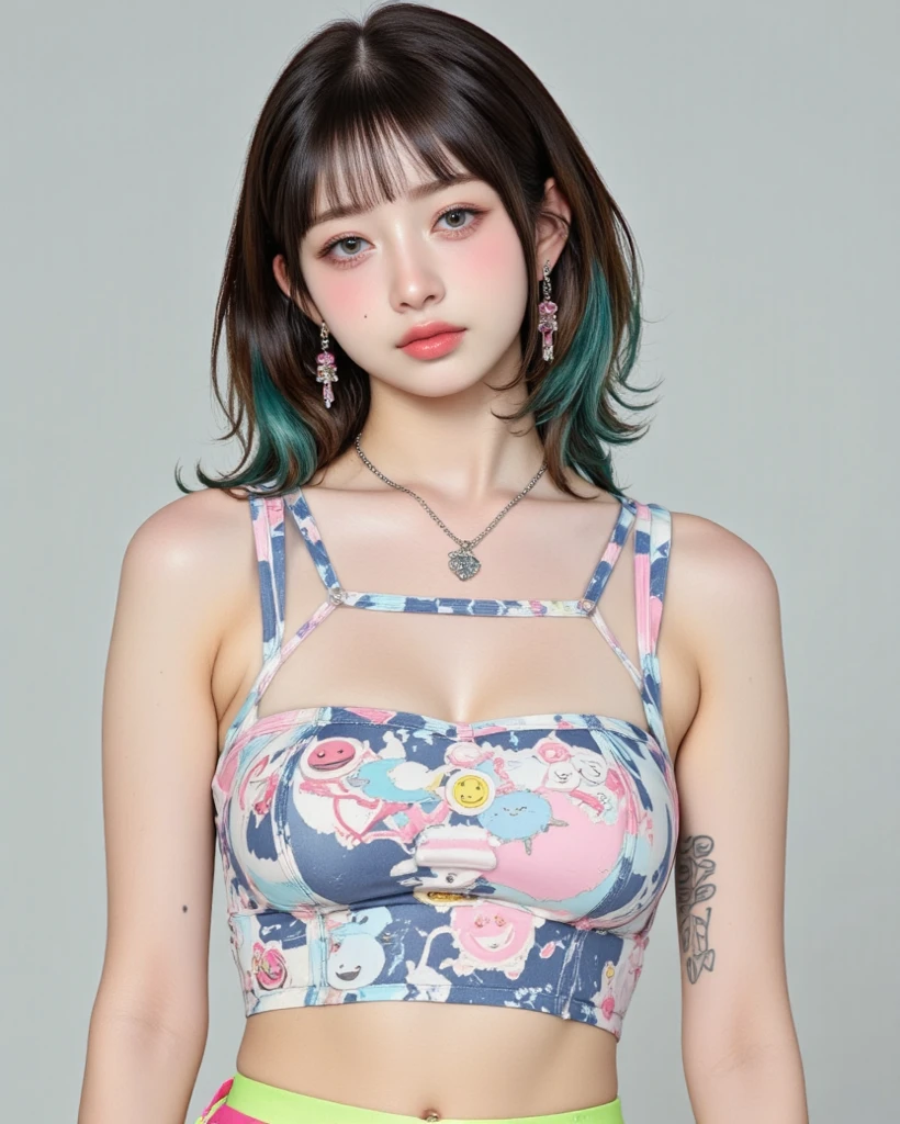 Light blue and pink color scheme，1 sexy girl ，Slender body，white curly hair,　Bright colored camisole