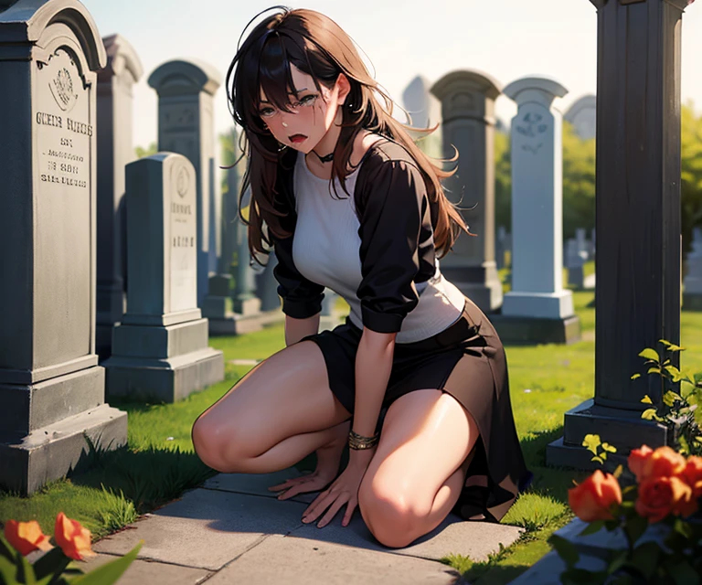 ((Highest quality)), ((Masterpiece)), (get acquainted), perfect face, (high definition), (best shadow), 8ก, cinema, (realistic:1.4),Amazing, ((A nun is sitting with her legs spread across a grave.)), ((Covered in mud:1.1)), (red hair), ((Extra short hair)), (Close your eyes), (open mouth), (An anguished expression:1.1), (White and bright skin:1.1), seductive body, (big breasts:1.1), small waist, big ass, charming,not wearing clothes,I see boobs,Sit openly and ask for disclosure,I saw a realistic vagina., Barefoot, Rain falls on the skin, The Earth's Boneyard, (Heavy rain:1.4), Heavy rainกลางดึก, (steam:1.4), View from the bottom up, chest shot