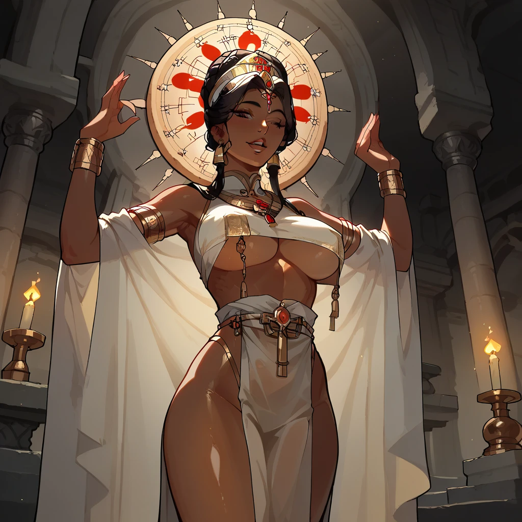 female, black long hair, red eyes, dark skin, (((1girl))), (((black and gold bra))), (black black and gold panties), (gold heeled sandals), (gold headdress), (gold jewelry), cute and sexy, full body, large breasts, large butt, long legs, smiling