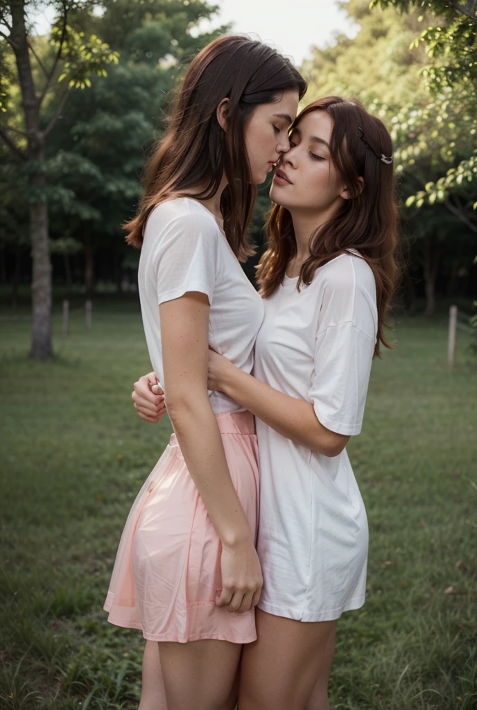 there is a girl who is embracing and kissing a boy's right cheek. The boy was holding a hair ribbon that he had hidden behind his body. against the backdrop of peach trees they wore matching denim outfits