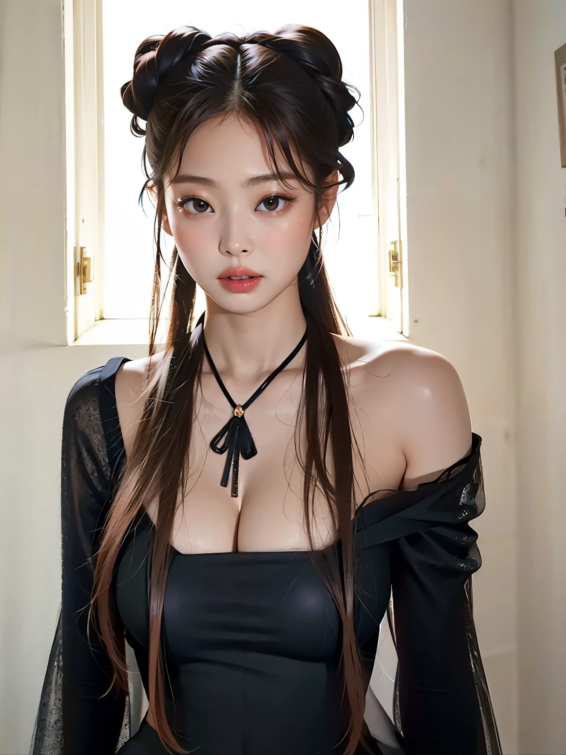 Mujer arafaelizada con top de cuero con gargantilla y un par de pendientes and blue eyes, jia, jossi de blackpink, sha xi, jisoo de blackpink, Jisoo de Blackpink, parque roseanne de blackpink, jinyoung shin, en un corsé de cuero, cruel chica gótica coreana, iu lee ji-eun como supervillano, portrait of jossi de blackpink, jennie rosa negro, jisoo from blackpink, popular south korean makeup, quality detailed ,(beautiful makeup :1.2), Wide hips, big, big ass, (best quality, 8K, masterpiece: 1.3), Clear focus: 1.2, Perfect body beauty: 1.4, strong abs, Very detailed face and skin texture. , detailed eyes, double eyelids, (long hair), having very marked curves, with greater volume in ((hips and breasts)), which makes the waist look much smaller ((wasp waist)).