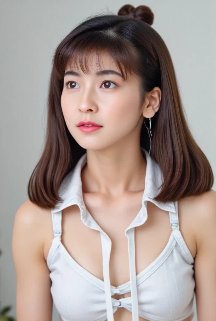 Top Quality, Photorealistic, 8K, High Definition, 1 Girl, Woman, (Skindentation), (Portrait: 0.6), Gorgeous, (White background: 1.82)), ((Big Size Round Breasts, Sleeveless White T-Shirt: 1.75)), Look Straight Viewer: 1.8, (1 Girl Eyes, Medium Length Hair, Brown Hair, Parted Bangs : 1.65), Photorealistic, (Bokeh), (Mouth Closed: 1.46), Gorgeous, pureerosface_v1,