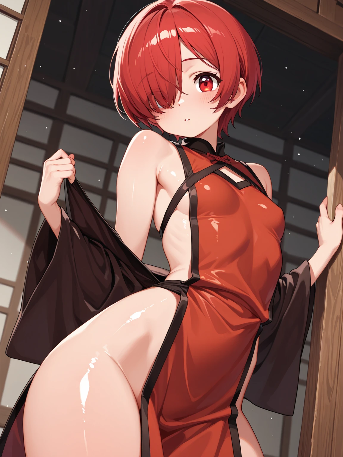 (Close-up:1.3),Realistic,Highest quality, Ultra Detail, High-quality CG rendering, The most delicate and beautiful, Floating softly, High resolution, (1 girl), (Highest quality,4K,8K,masterpiece:1.2),(All red hair:1.5 (ponytail:1.5),(Red eyes:1.5),(Slightly larger breasts:1.2),(Pitch black choker:1.3),Completely naked,Small room,bed,(bedに座っている:1.3),smile,(Turn your back to your audience:1.3),Butt