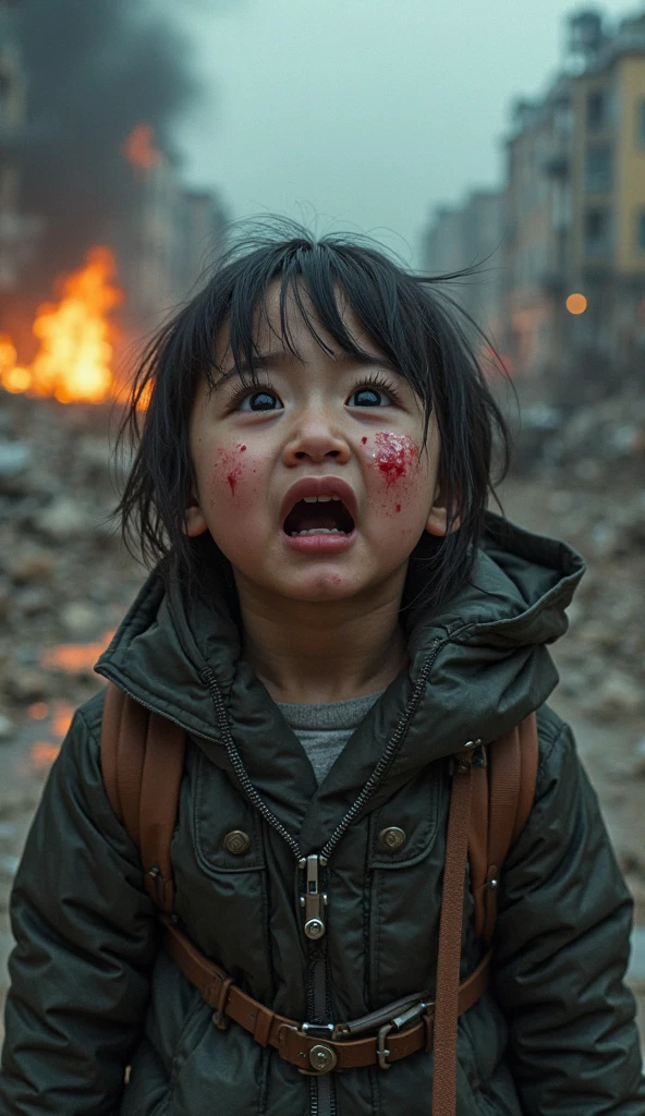 child in the middle of the destruction of hiroshima crying, flashy colors, child has to look big in the photo