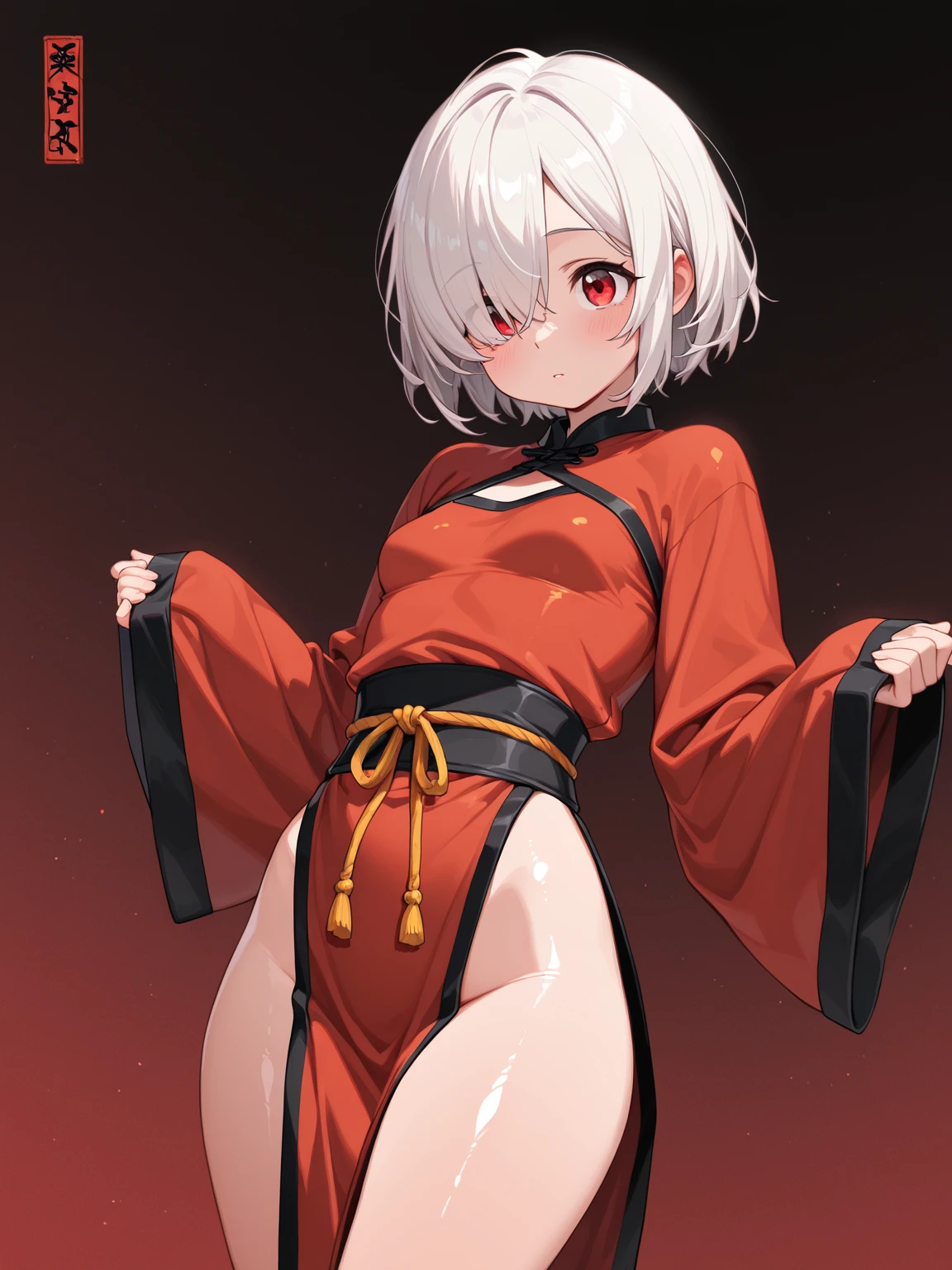 1girl, 18 year old female, Okita Souji Alter, Fate Grand/Order, anime style, ultra realistic, high detail, sexy pose, sexy, beautiful, exposed skin, slender, skinny, exposed breast, breast, nipples, nude, nudity, absurdres, high res, ultrasharp, 8K, UHD, retina, masterpiece, accurate, anatomically correct, perfect ???????, textured skin, super detail, high details, high quality, award winning, best quality, high res, looking at viewer, detailed eyes, four fingers and one thumb per hand, perfect hands, perfect finger, two arms only, no clothes, revealing, white hair, yellow eyes, dark skin, tanned skin