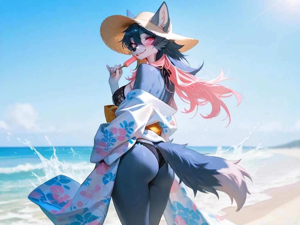 obra-prima, alta qualidade, alta resolução, rosto detalhado, see-through, bikini, 1girl, ahri, ahri league of legends, seios enormes, praia, foco na bunda, blue bikíni, cabelo azul, looking behind, pose sexy, corpo exuberante, postura sedutora, pubic hair exposed, calcinha apertada, bunda grande, pata de camelo, coxas grossas, body full, realista, bumbum grande, red hat, plug in ass, , plug, butt plug, calcinha cinza, fim de tarde, starly sky, corpo suado, fundo preto